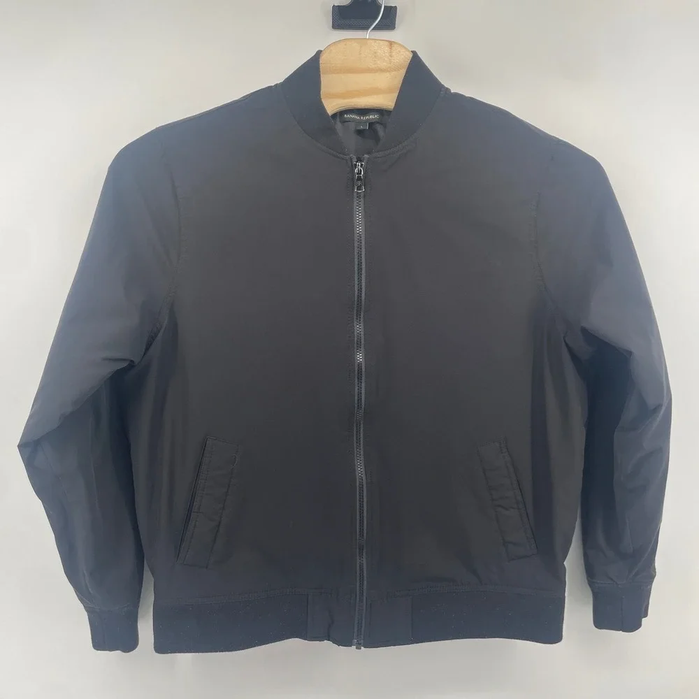 Banana Republic Bomber Jacket Mens Large Black Zip Up Ribbed Trim Lightweight